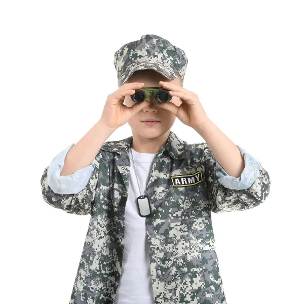 Pequeno Soldado Bonito Com Binocular Fundo Branco — Fotografia de Stock