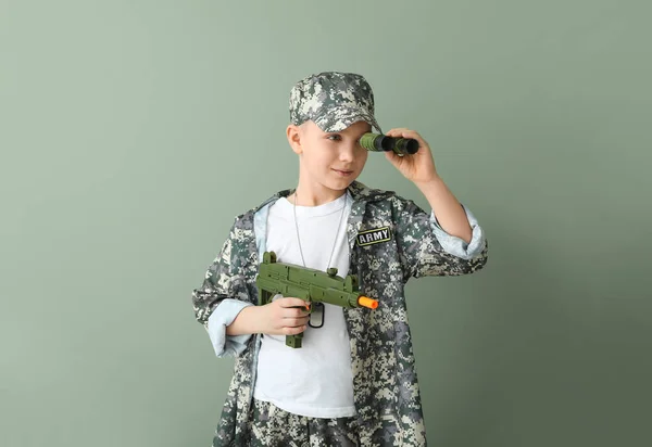 Cute Little Soldier Binocular Toy Gun Color Background — Stock Photo, Image