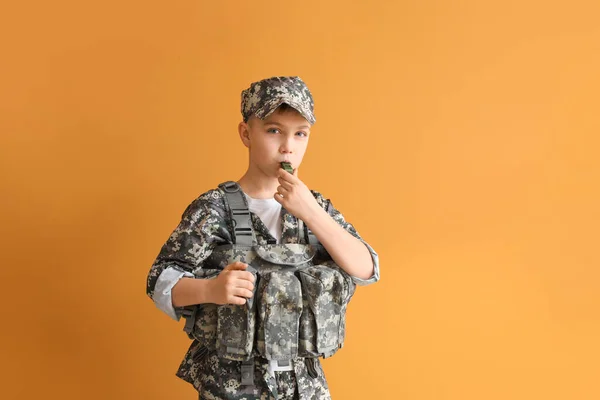 Cute Little Soldier Whistle Color Background — Stock Photo, Image