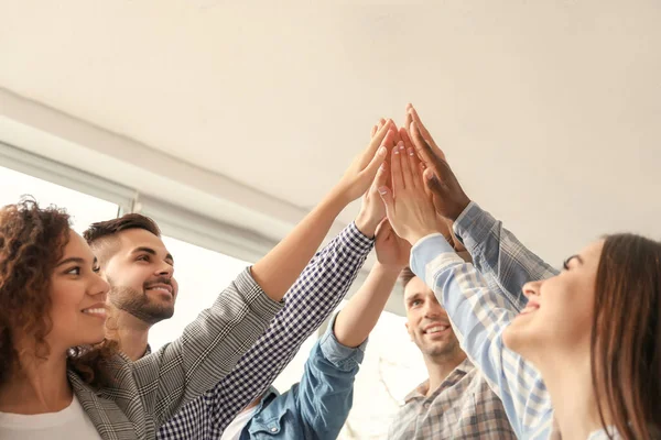 Group People Putting Hands Together Indoors Unity Concept — Stock Photo, Image