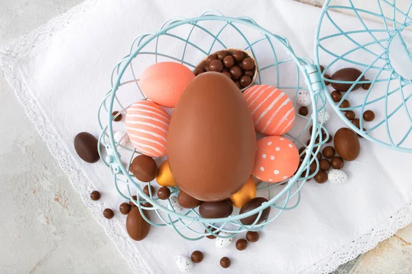 Basket Tasty Chocolate Easter Eggs White Background — Stock Photo, Image