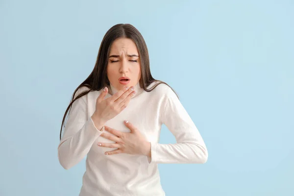 Coughing Young Woman Light Background — Stock Photo, Image