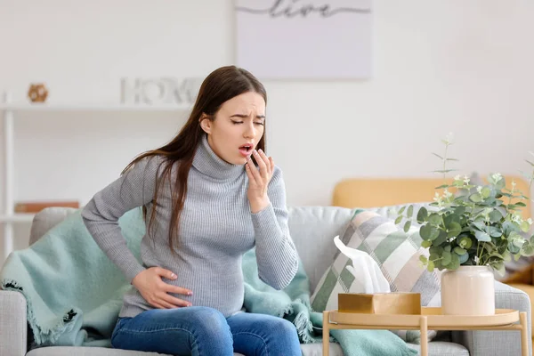 Coughing Pregnant Woman Home — Stock Photo, Image