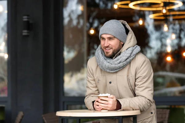 Handsome Young Man Drinking Hot Cocoa Cafe Outdoors — Stock Photo, Image