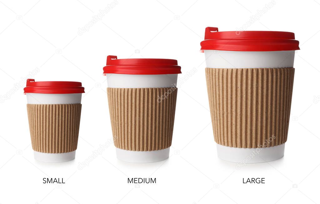 Different sized takeaway coffee cups on white background