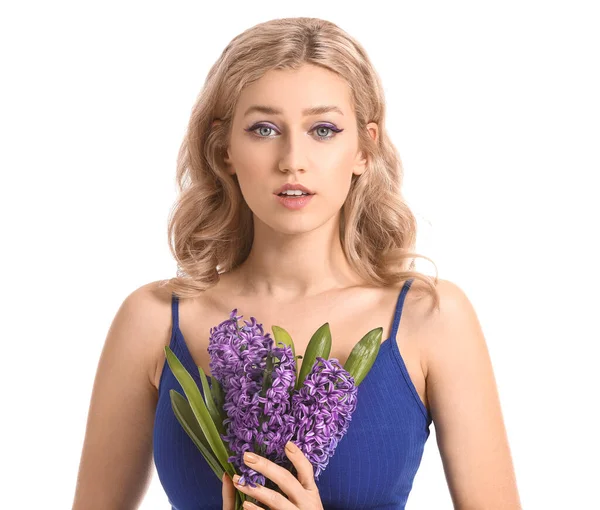 Vacker Ung Kvinna Med Hyacint Blommor Vit Bakgrund — Stockfoto