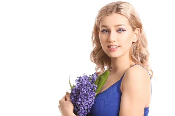 Vacker Ung Kvinna Med Hyacint Blommor Vit Bakgrund — Stockfoto