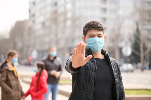 Asian Man Protective Mask Showing Stop Gesture City Street Concept — Stock Photo, Image