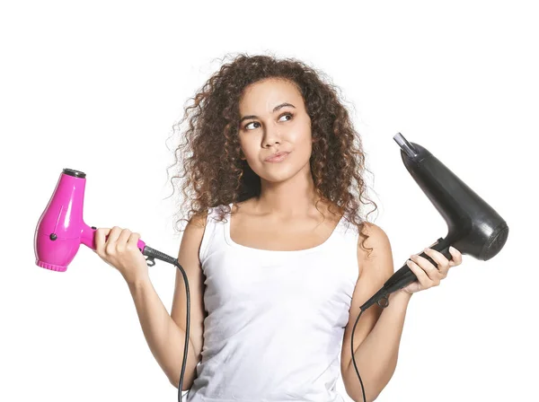 Beautiful Young African American Woman Blow Dryers White Background — Stock Photo, Image