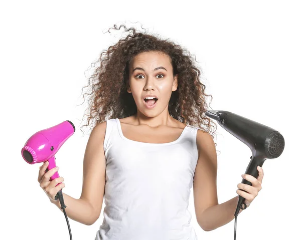 Beautiful Young African American Woman Blow Dryers White Background — Stock Photo, Image