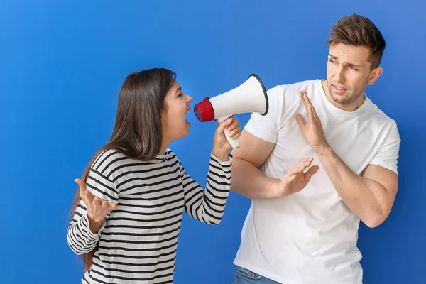Angry Woman Megaphone Shouting Her Husband Color Background — Stock Photo, Image