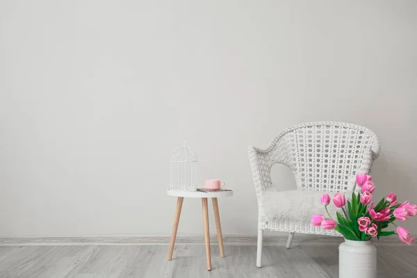 Vase Beautiful Flowers Comfortable Armchair Table Room — Stock Photo, Image