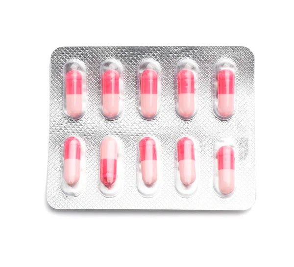 Buborékcsomagolás Tablettákkal Fehér Alapon — Stock Fotó