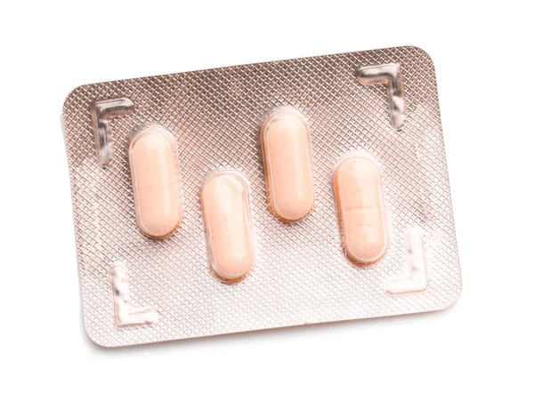 Buborékcsomagolás Tablettákkal Fehér Alapon — Stock Fotó