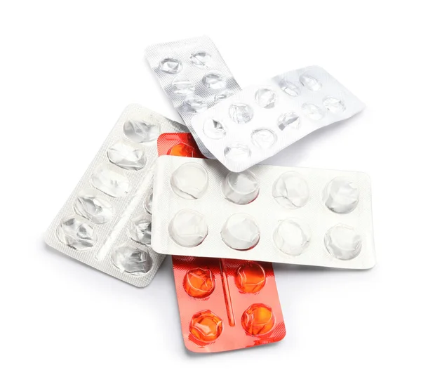 Üres Buborékcsomagolás Tablettákhoz Fehér Alapon — Stock Fotó