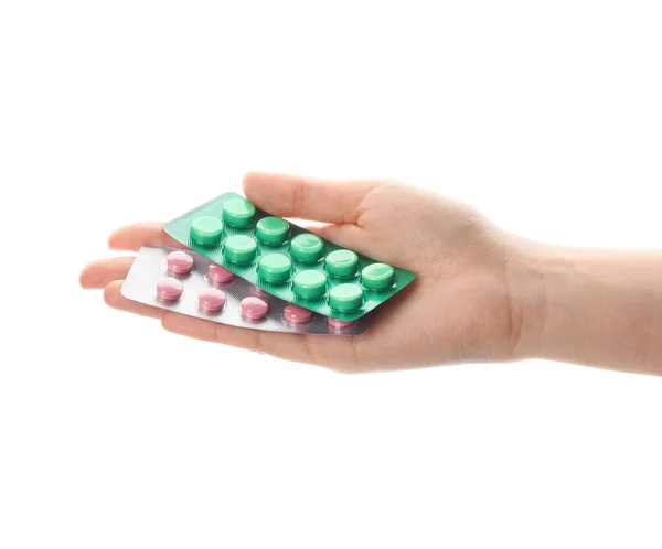 Weibliche Hand Mit Pillen Auf Weißem Hintergrund — Stockfoto
