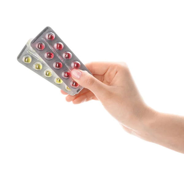Weibliche Hand Mit Pillen Auf Weißem Hintergrund — Stockfoto