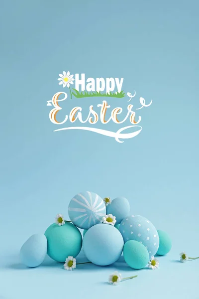 Beautiful Eggs Flowers Text Happy Easter Color Background — Stock Photo, Image