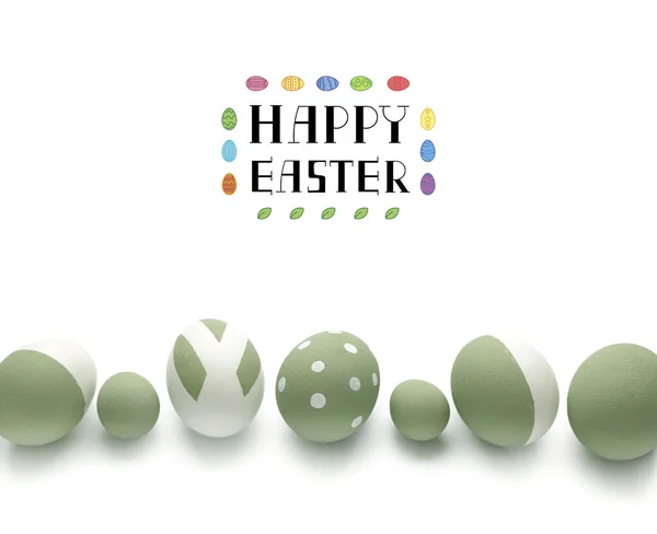 Beautiful eggs and text HAPPY EASTER on white background