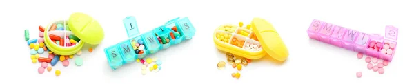Set Von Behältern Mit Pillen Auf Weißem Hintergrund — Stockfoto