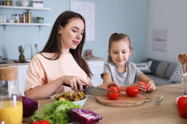 Anne ve Kız Mutfakta Birlikte Yemek Pişiriyorlar