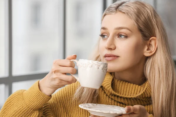 Beautiful Young Woman Drinking Tea Home — Stock Photo, Image