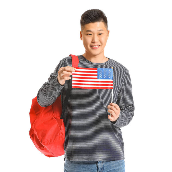 Asian student of language school on white background
