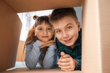 Küçük çocuklar taşınma gününde karton kutularla oynuyorlar.