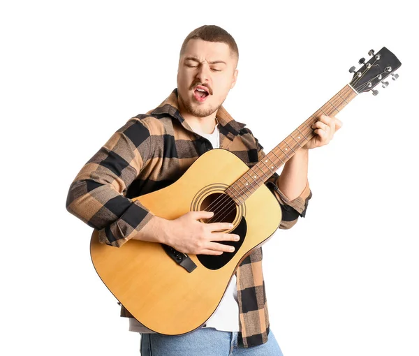 Young Male Singer Guitar White Background — Stock Photo, Image
