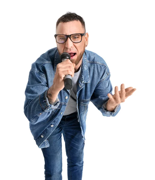 Man Zanger Met Microfoon Witte Achtergrond — Stockfoto
