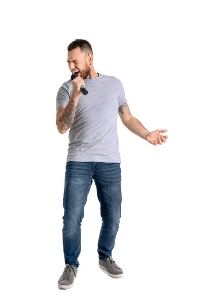 Chanteur Masculin Avec Microphone Sur Fond Blanc — Photo