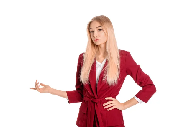 Young Businesswoman Showing Something White Background — Stock Photo, Image