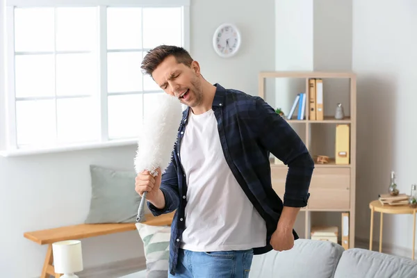Cool Young Man Dancing Singing While Cleaning His Flat — Stock Photo, Image