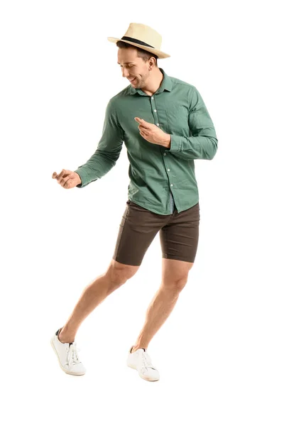 Cooler Junger Mann Tanzt Vor Weißem Hintergrund — Stockfoto