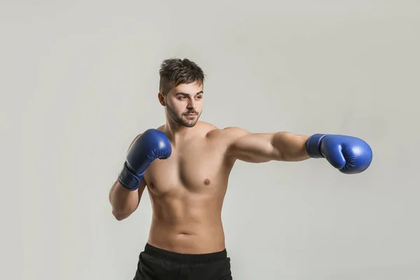 Sporty Male Boxer Grey Background — Stock Photo, Image