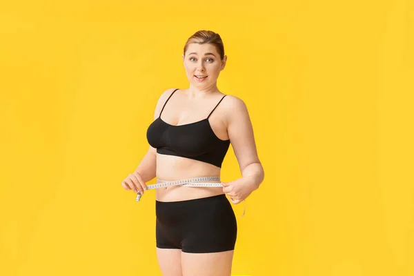 Overweight Woman Measuring Tape Color Background Weight Loss Concept — Stock Photo, Image