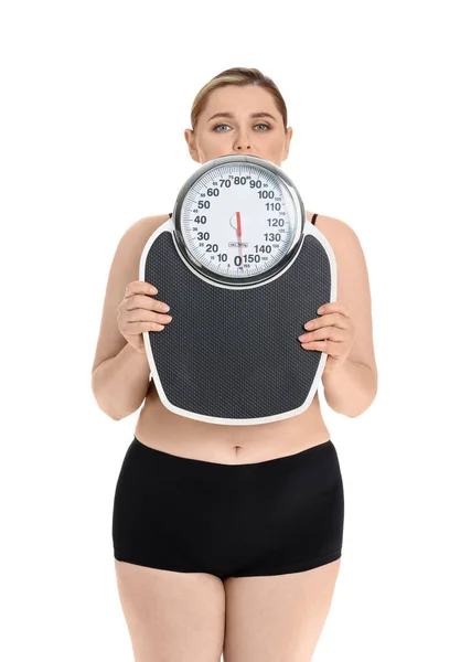 Mujer Con Sobrepeso Escamas Sobre Fondo Blanco Concepto Pérdida Peso — Foto de Stock
