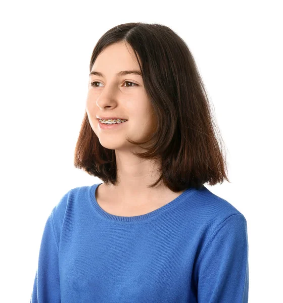 Teenage Girl Dental Braces White Background — Stock Photo, Image