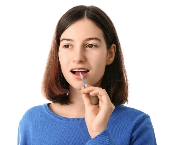 Teenage Girl Dental Braces Brush White Background — Stock Photo, Image