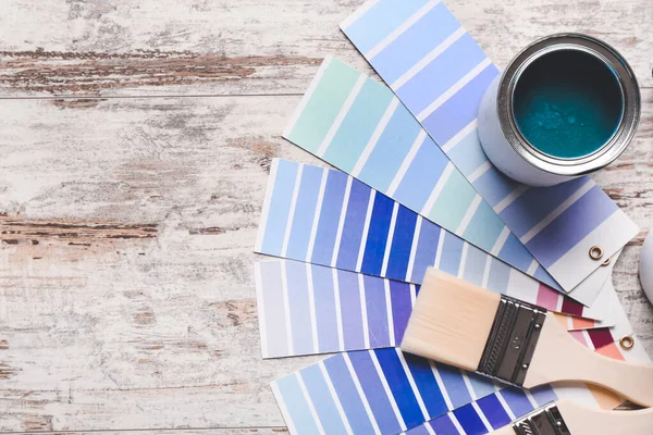 Color Swatches Paint Brush Wooden Table — Stock Photo, Image