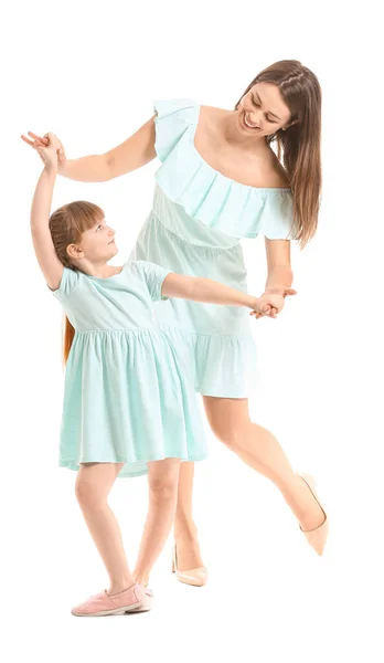Ευτυχισμένη Μητέρα Και Κορούλα Της Χορεύουν Λευκό Φόντο — Φωτογραφία Αρχείου