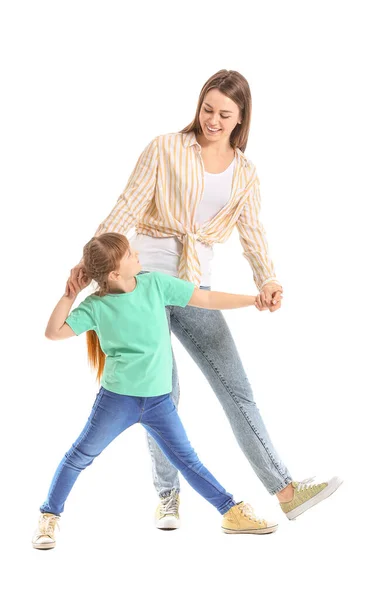 Happy Mother Her Little Daughter Dancing White Background — Stock Photo, Image