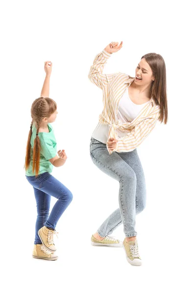 Mãe Feliz Sua Filhinha Dançando Contra Fundo Branco — Fotografia de Stock