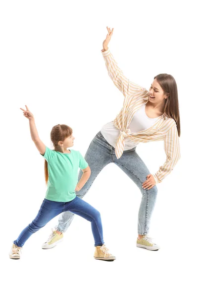 Mãe Feliz Sua Filhinha Dançando Contra Fundo Branco — Fotografia de Stock