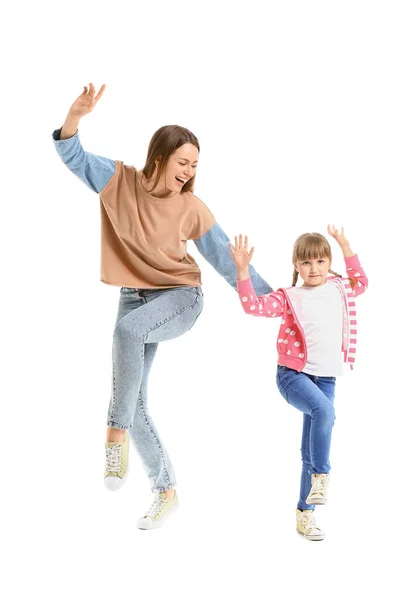 Mutlu Anne Küçük Kızı Beyaz Arka Planda Dans Ediyorlar — Stok fotoğraf