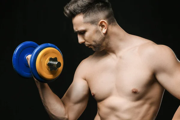 Sporty Man Dumbbell Dark Background — Stock Photo, Image