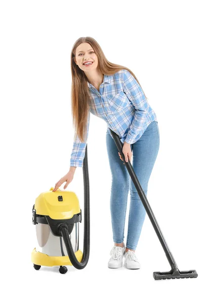 Young Woman Vacuum Cleaner White Background — Stock Photo, Image