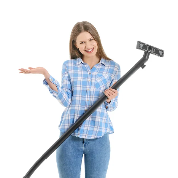 Young Woman Vacuum Cleaner White Background — Stock Photo, Image