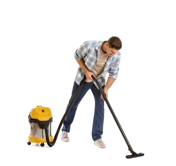 Young Man Vacuum Cleaner White Background — Stock Photo, Image