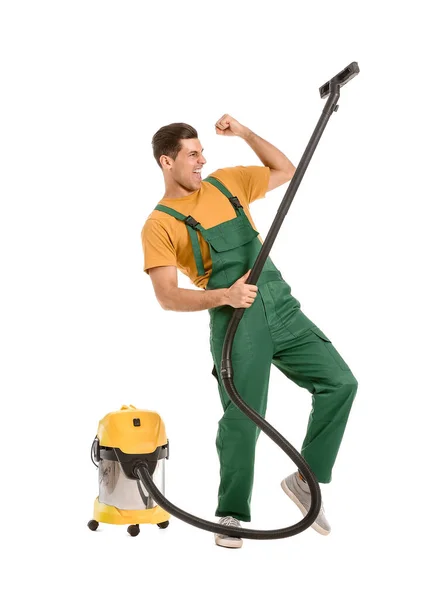 Young Man Vacuum Cleaner Having Fun White Background — Stock Photo, Image